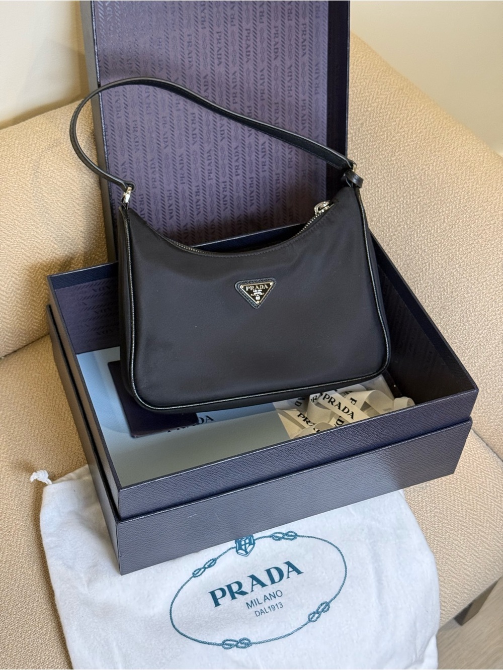Authentic Prada Black Re-Edition 2005 Nylon Bag with Triangle Logo & Box
